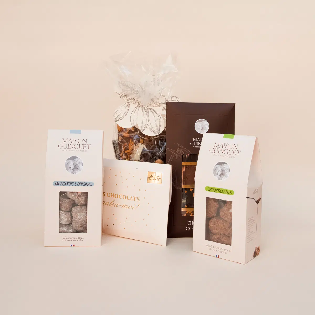 Coffret cadeau chocolaté avec un assortiment de chocolats de la Maison Guinguet
